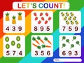 Educational counting math game for preschool children on the theme of fruits.